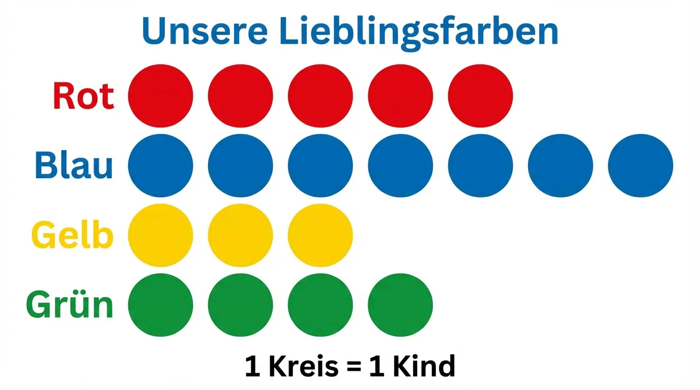 Erstelle ein Bilddiagramm über Lieblingsfarben.

**Aufbau:**
- Titel: „Unsere Lieblingsfarben“
- Vier Zeilen mit farbigen Kreisen:
  - „Rot“: 5 rote Kreise in einer Reihe
  - „Blau“: 7 blaue Kreise in einer Reihe
  - „Gelb“: 3 gelbe Kreise in einer Reihe
  - „Grün“: 4 grüne Kreise in einer Reihe
- Unten: „1 Kreis = 1 Kind“

**Gestaltung:**
- Horizontales Layout
- Gleich große Kreise
- Kräftige, klare Farben
- Große, lesbare Beschriftungen
- Übersichtliche Anordnung