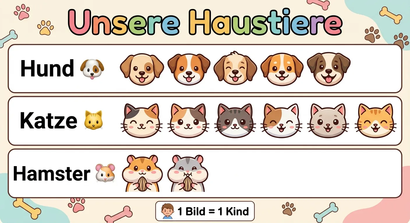 Erstelle ein Bilddiagramm über Haustiere der Klasse.

**Aufbau:**
- Titel: „Unsere Haustiere“
- Drei Zeilen mit Tier-Symbolen:
  - „Hund 🐕“: 5 Hunde-Symbole
  - „Katze 🐱“: 6 Katzen-Symbole
  - „Hamster 🐹“: 2 Hamster-Symbole
- Unten: „1 Bild = 1 Kind“

**Gestaltung:**
- Niedliche Tier-Illustrationen
- Horizontale Anordnung
- Klare Beschriftungen
- Bunte, freundliche Farben
- Kindgerechter Cartoon-Stil