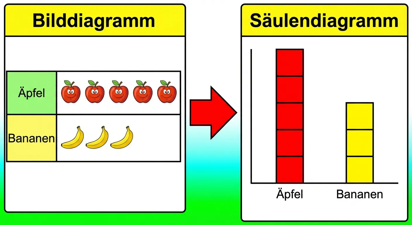 Zeige die Umwandlung von Bilddiagramm zu Säulendiagramm.

**Aufbau (zwei Teile):**
- Links - Bilddiagramm:
  - „Äpfel“: 5 Apfel-Symbole in einer Reihe
  - „Bananen“: 3 Bananen-Symbole in einer Reihe
- Ein großer Pfeil zeigt nach rechts
- Rechts - Säulendiagramm:
  - Rote Säule mit 5 Kästchen, beschriftet „Äpfel“
  - Gelbe Säule mit 3 Kästchen, beschriftet „Bananen“

**Gestaltung:**
- Klare Gegenüberstellung links/rechts
- Deutlicher Umwandlungspfeil
- Gleiche Zahlen in beiden Darstellungen
- Bunte, übersichtliche Illustration
- Große, lesbare Beschriftungen