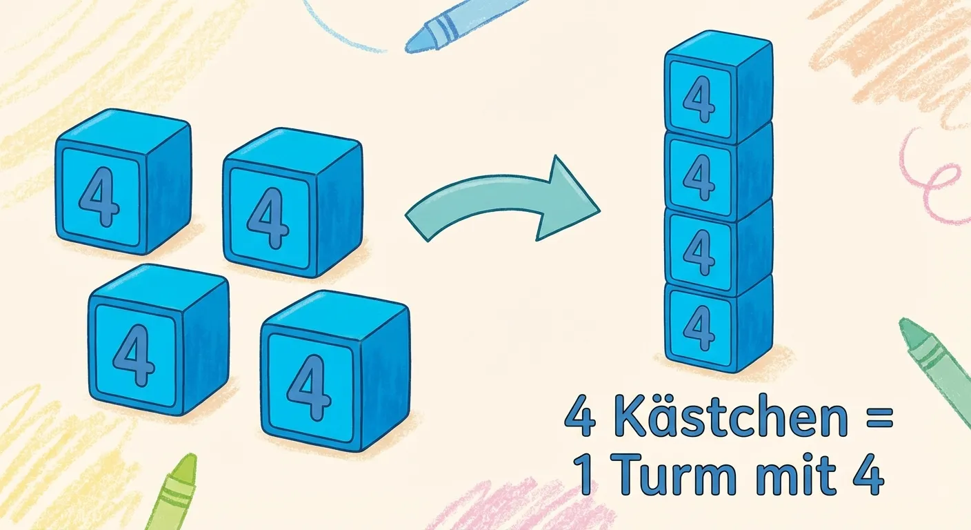 Zeige wie Kästchen zu Türmen werden.

**Aufbau:**
- Links: 4 einzelne Kästchen/Bauklötze mit der Zahl 4
- Ein Pfeil zeigt nach rechts
- Rechts: Die 4 Kästchen übereinander gestapelt als Turm
- Beschriftung: „4 Kästchen = 1 Turm mit 4“

**Gestaltung:**
- Bunte Kästchen (alle gleiche Farbe)
- Klarer Pfeil in der Mitte
- Große, lesbare Zahlen
- Einfaches, übersichtliches Layout
- Kindgerechter Illustrationsstil