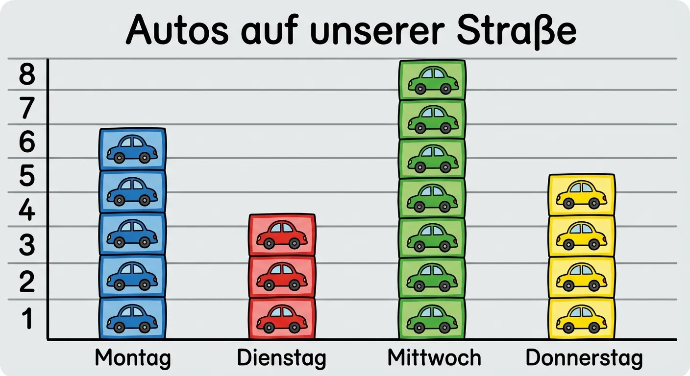 Erstelle ein Säulendiagramm über Autos an verschiedenen Tagen.

**Aufbau:**
- Überschrift: „Autos auf unserer Straße“
- 4 Säulen nebeneinander:
  - Montag: 6 Kästchen (blau)
  - Dienstag: 4 Kästchen (rot)
  - Mittwoch: 8 Kästchen (grün)
  - Donnerstag: 5 Kästchen (gelb)
- Links: Zahlen 1, 2, 3, 4, 5, 6, 7, 8
- Unten: Wochentage als Beschriftung

**Gestaltung:**
- Deutlich sichtbare Kästchen
- Verschiedene Farben für jeden Tag
- Klare Beschriftungen
- Hellgrauer Hintergrund mit Linien
- Kindgerechter, übersichtlicher Stil