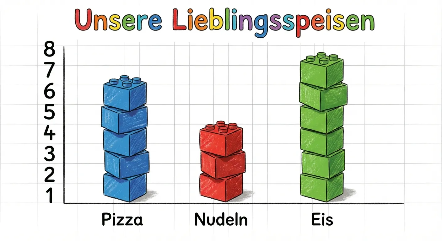 Erstelle ein einfaches, kindgerechtes Säulendiagramm.

**Aufbau:**
- Überschrift: „Unsere Lieblingsspeisen“
- 3 bunte Säulen/Türme nebeneinander:
  - Blauer Turm mit 5 Kästchen, darunter „Pizza“
  - Roter Turm mit 3 Kästchen, darunter „Nudeln“
  - Grüner Turm mit 7 Kästchen, darunter „Eis“
- Links eine Zahlenleiste von 1 bis 8
- Gitterlinien im Hintergrund

**Gestaltung:**
- Kästchen deutlich sichtbar (wie Bauklötze)
- Bunte, kräftige Farben
- Große, lesbare Beschriftungen
- Weißer Hintergrund mit hellgrauen Linien
- Kindgerechter, übersichtlicher Stil