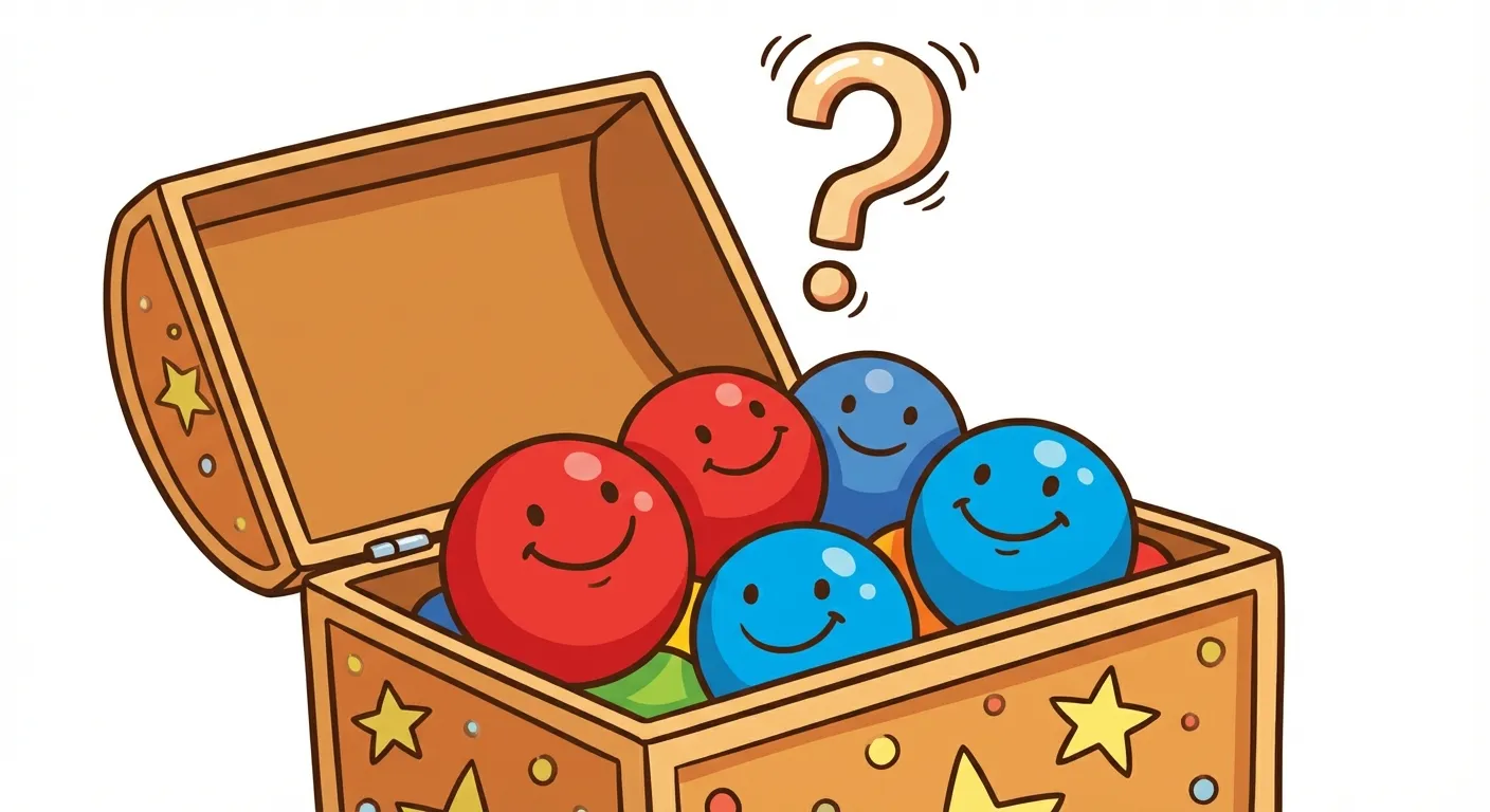 Eine fröhliche Darstellung einer bunten Kiste mit Bällen.

**Aufbau:**
- Eine offene Spielzeugkiste oder Box
- In der Kiste: 3 rote Bälle und 2 blaue Bälle
- Die Bälle sind klar sichtbar und zählbar
- Ein Fragezeichen schwebt über der Kiste

**Gestaltung:**
- Helle, freundliche Farben
- Cartoon-Stil für 1. Klasse
- Große, deutliche Bälle
- Weißer oder heller Hintergrund