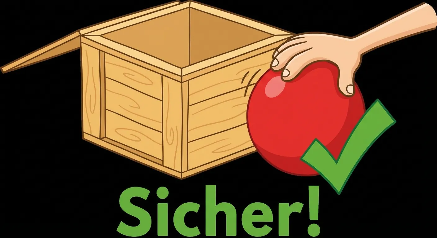 Zeige eine Kiste mit nur einem roten Ball.

**Aufbau:**
- Eine Kiste mit nur EINEM roten Ball darin
- Eine Hand, die den roten Ball nimmt
- Darunter: 