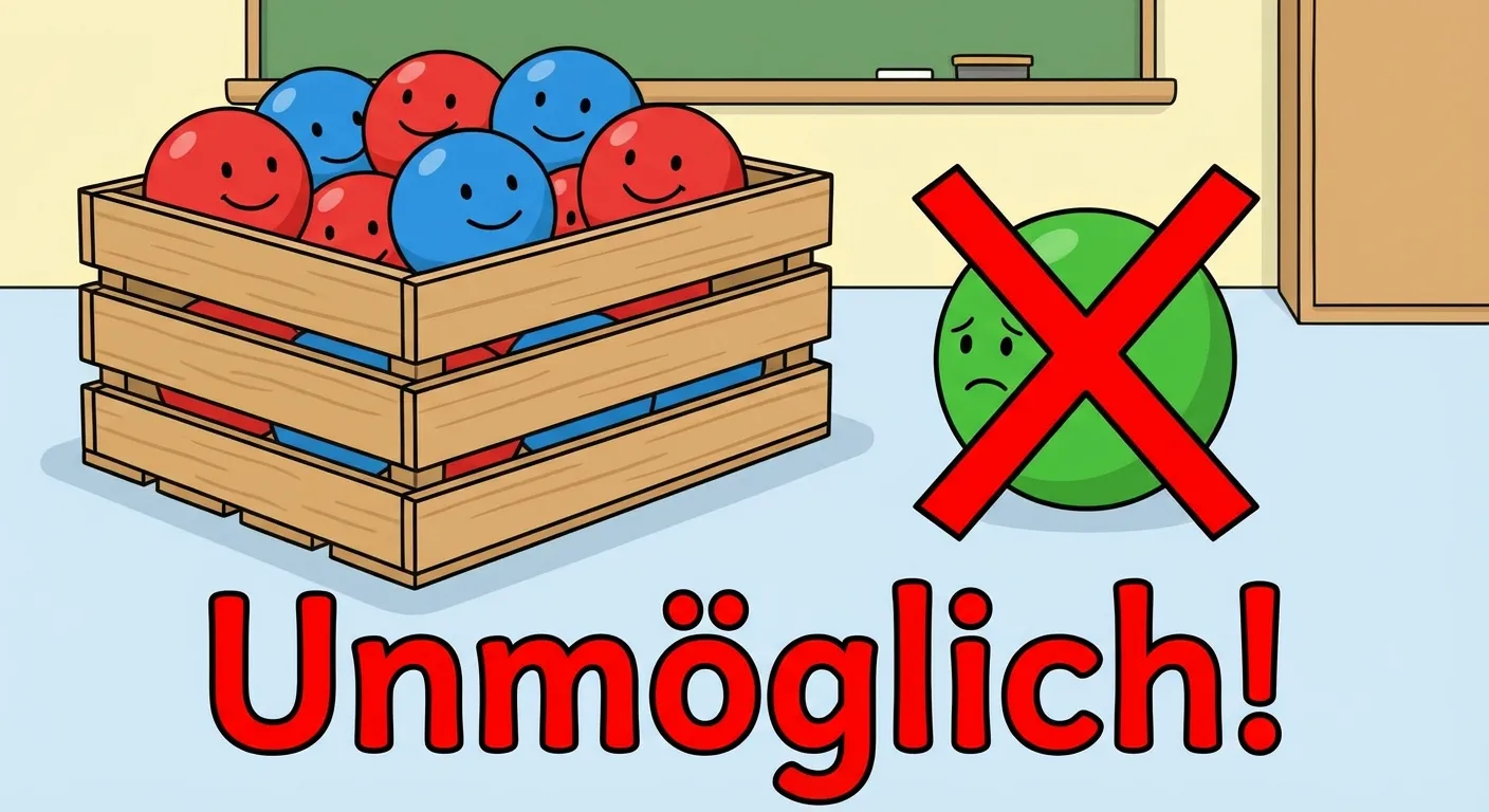Zeige, dass ein grüner Ball nicht gezogen werden kann.

**Aufbau:**
- Die Kiste mit roten und blauen Bällen
- Daneben: Ein grüner Ball mit großem roten X darüber
- Darunter: 