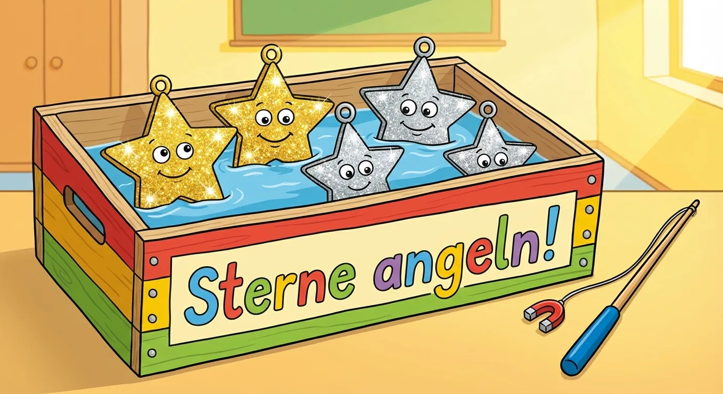 Zeige eine Kiste mit Sternen zum Angeln.

**Aufbau:**
- Eine bunte Spielkiste
- Darin: 2 goldene Sterne und 3 silberne Sterne
- Die Sterne sind deutlich sichtbar
- Überschrift: 