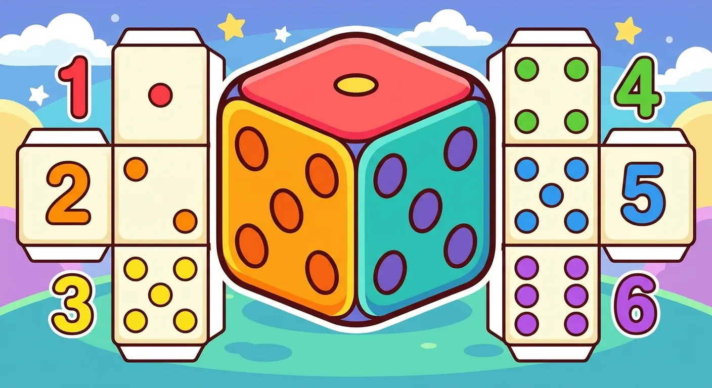 Zeige einen Würfel und alle 6 Zahlen.

**Aufbau:**
- Ein großer bunter Würfel in der Mitte
- Die 6 Seiten des Würfels sind aufgefaltet gezeigt
- Jede Seite zeigt die Punkte: 1, 2, 3, 4, 5, 6
- Die Zahlen 1-6 stehen daneben

**Gestaltung:**
- Fröhlicher Cartoon-Stil
- Große, deutliche Punkte auf dem Würfel
- Bunte, kindgerechte Farben
- Klare Beschriftung der Zahlen