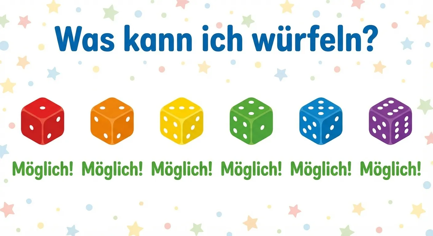 Zeige, dass alle Zahlen 1-6 möglich sind.

**Aufbau:**
- 6 kleine Würfel in einer Reihe
- Jeder zeigt eine andere Zahl (1, 2, 3, 4, 5, 6)
- Unter jedem Würfel: 
