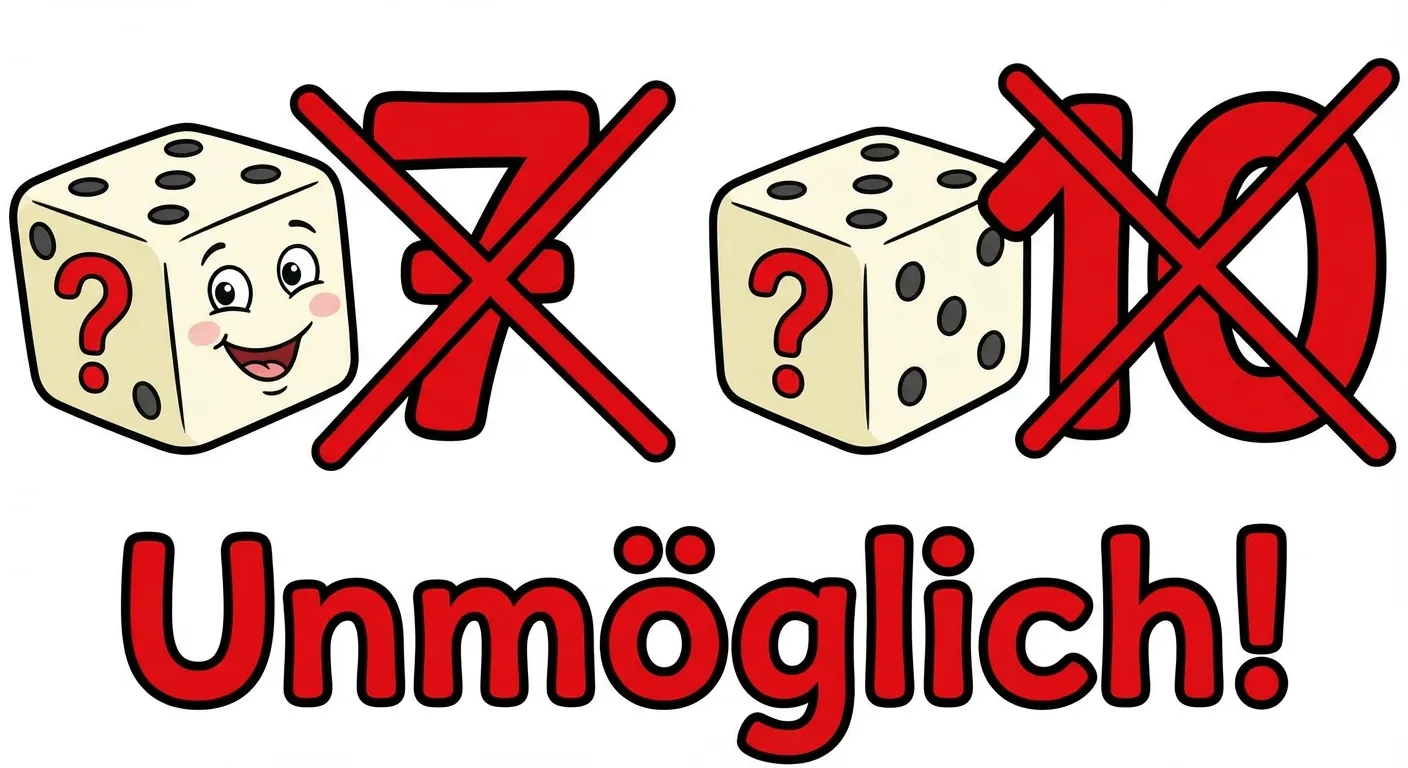 Zeige, dass 7 und 10 nicht gewürfelt werden können.

**Aufbau:**
- Links: Ein Würfel mit Fragezeichen, daneben 