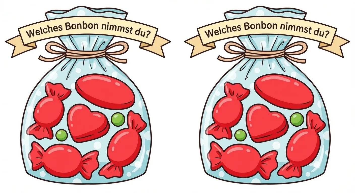 Zeige eine Bonbontüte mit vielen roten und wenigen grünen Bonbons.

**Aufbau:**
- Eine bunte Bonbontüte
- Darin: 6 rote Bonbons (groß und viele)
- Darin: 2 grüne Bonbons (klein und wenige)
- Überschrift: 