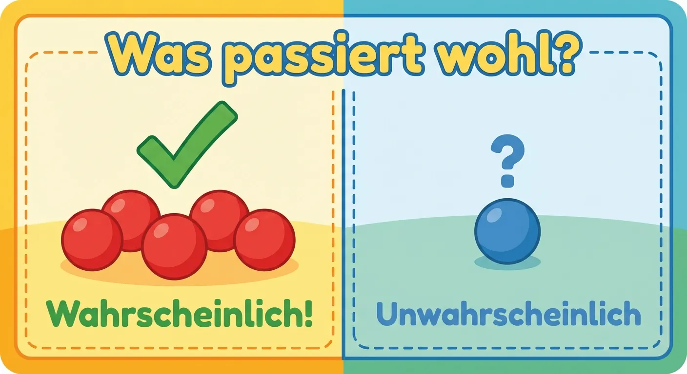 Zeige den Unterschied zwischen wahrscheinlich und unwahrscheinlich.

**Aufbau:**
- Links: 5 rote Bälle mit großem grünen Häkchen, Text 