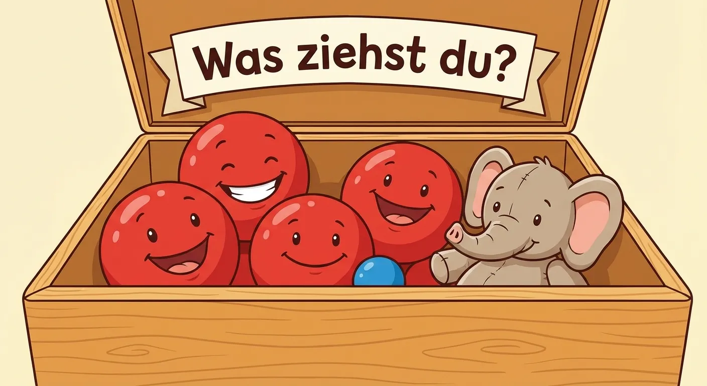 Zeige eine Kiste mit vielen roten Bällen und nur einem blauen Ball.

**Aufbau:**
- Eine offene Spielkiste
- Darin: 5 große rote Bälle
- Darin: 1 kleiner blauer Ball (gut versteckt zwischen den roten)
- Überschrift: 