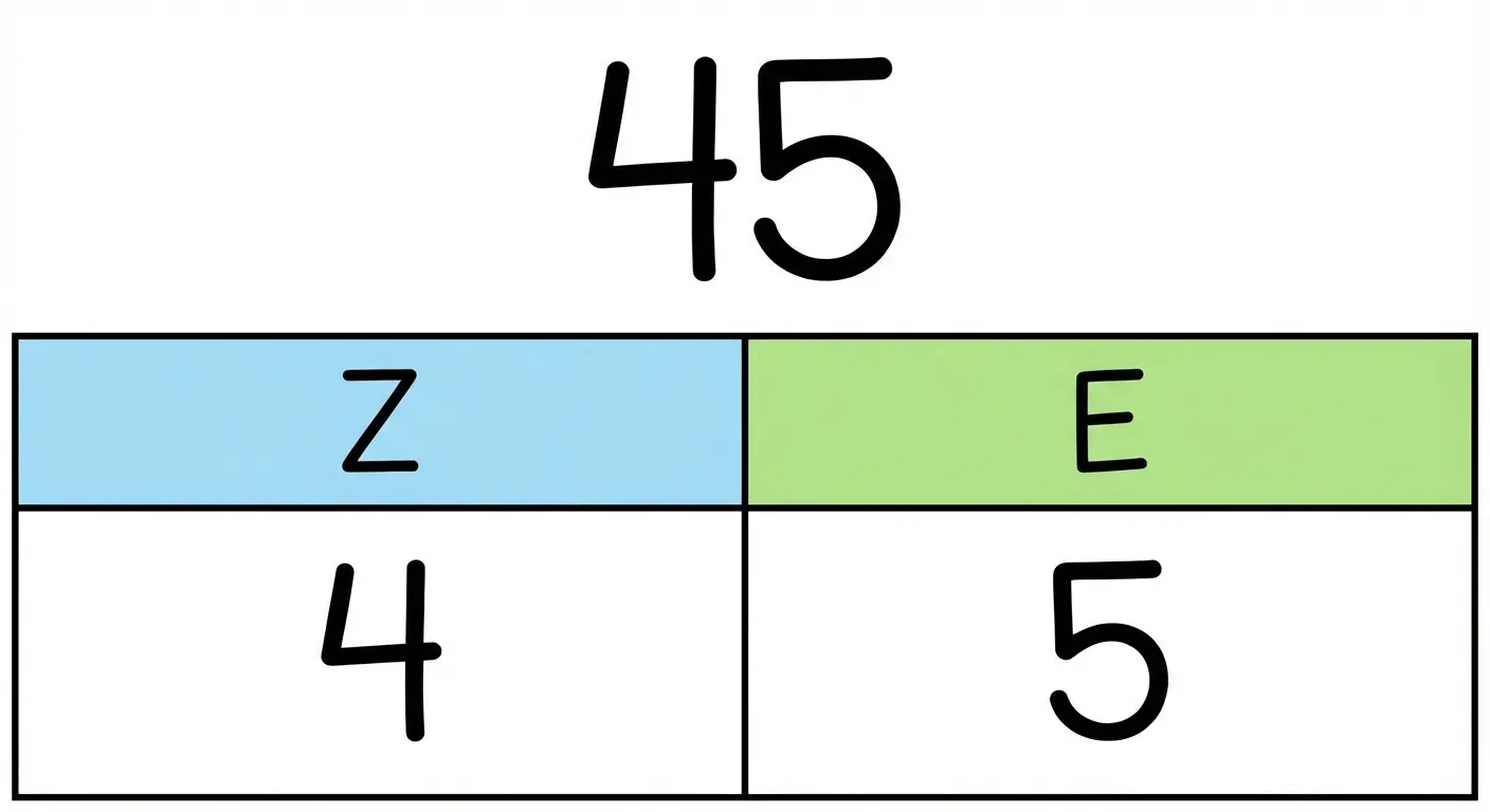 Erstelle eine übersichtliche Stellenwerttafel.

**Aufbau:**
- Tabelle mit 2 Spalten
- Spaltenüberschriften von links nach rechts: Z, E
- Unter Z steht: 4
- Unter E steht: 5
- Über der Tabelle die Zahl: 45

**Gestaltung:**
- Spalte Z in hellblauer Farbe
- Spalte E in hellgrüner Farbe
- Große, klar lesbare Zahlen und Buchstaben
- Saubere Tabellenlinien
- Übersichtlicher, kinderfreundlicher Stil für 2. Klasse
- Weißer Hintergrund
