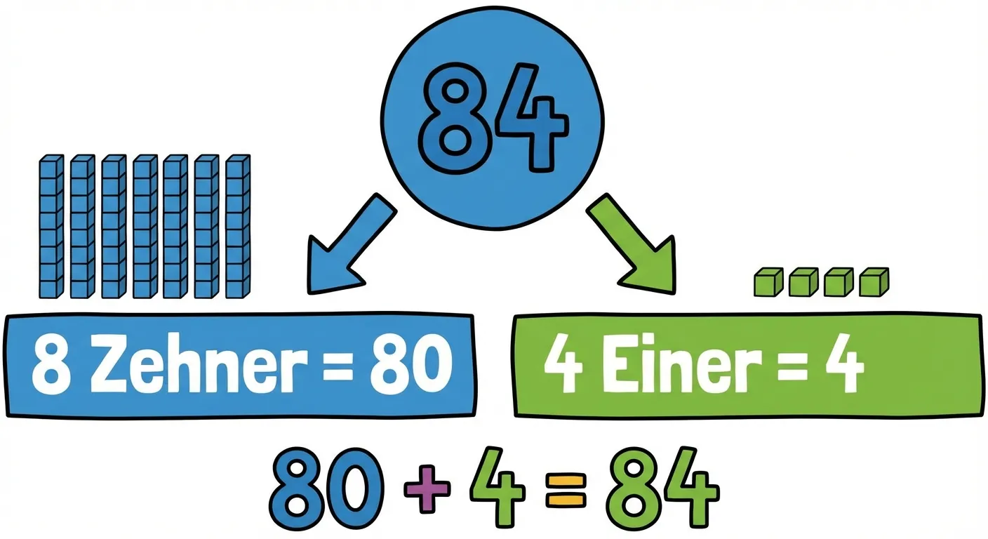 Zeige die Zerlegung der Zahl 84.

**Aufbau:**
- Oben: Die Zahl 84 groß in einem Kreis
- Zwei Pfeile zeigen nach unten zu zwei Boxen
- Linke Box (blau): 