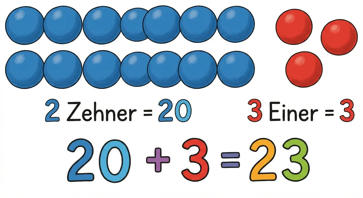 Zeige 23 bunte Bälle in zwei Gruppen.

**Aufbau:**
- Links: 2 Reihen mit je 10 blauen Bällen (= 20 Bälle)
- Rechts: 3 einzelne rote Bälle
- Unter den blauen Bällen: 