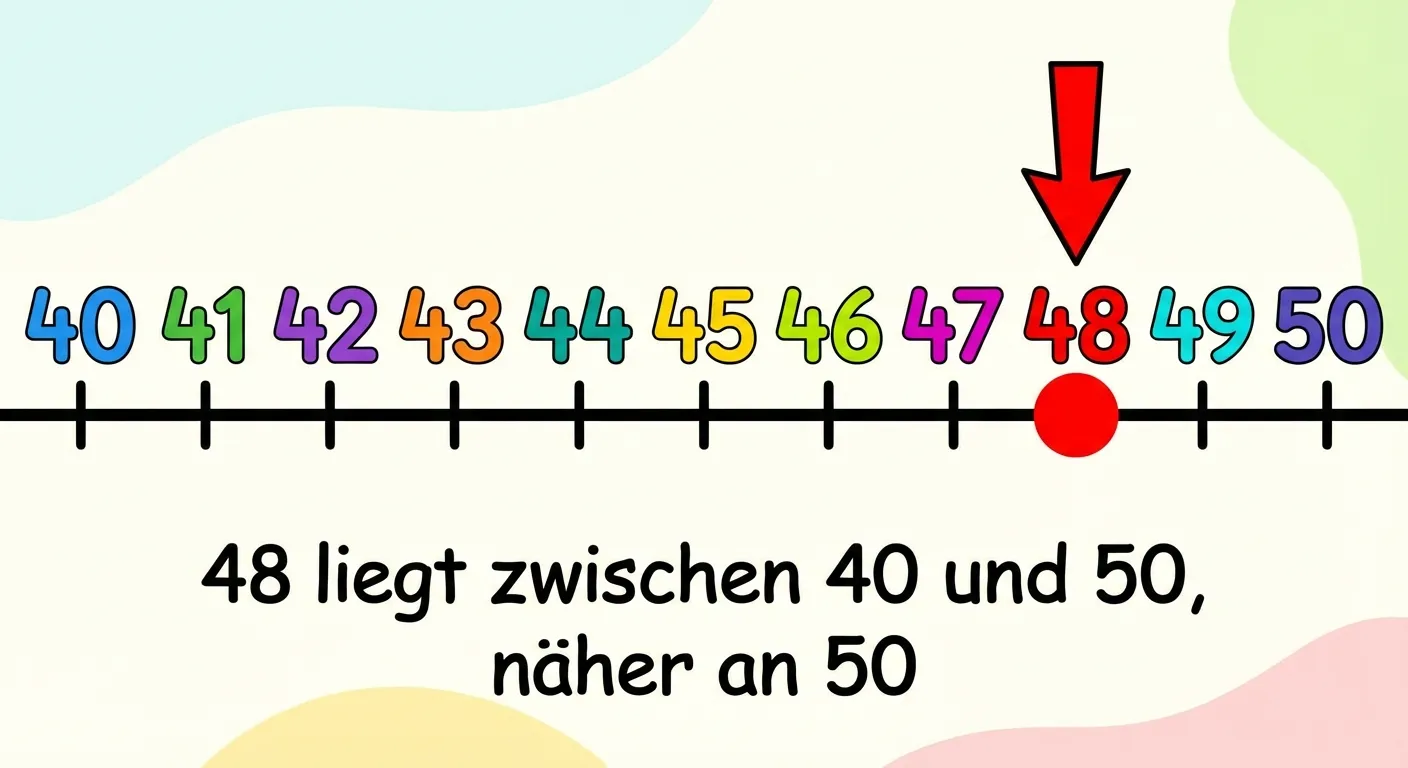 Zeige wie man die Zahl 48 am Zahlenstrahl findet.

**Aufbau:**
- Ausschnitt eines Zahlenstrahls von 40 bis 50
- Markierungen bei 40, 41, 42, 43, 44, 45, 46, 47, 48, 49, 50
- Die Zahl 48 ist mit einem großen roten Punkt markiert
- Ein Pfeil zeigt auf die 48
- Text: 