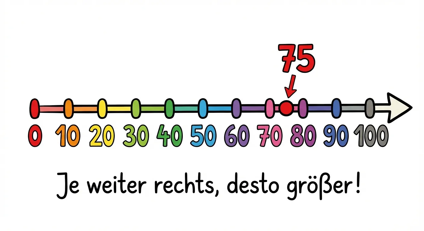 Zeige einen Zahlenstrahl von 0 bis 100.

**Aufbau:**
- Horizontale Linie mit Pfeil am rechten Ende
- Markierungen und Beschriftungen bei: 0, 10, 20, 30, 40, 50, 60, 70, 80, 90, 100
- Ein roter Punkt mit Pfeil markiert die Zahl 75
- Über dem roten Punkt steht: 