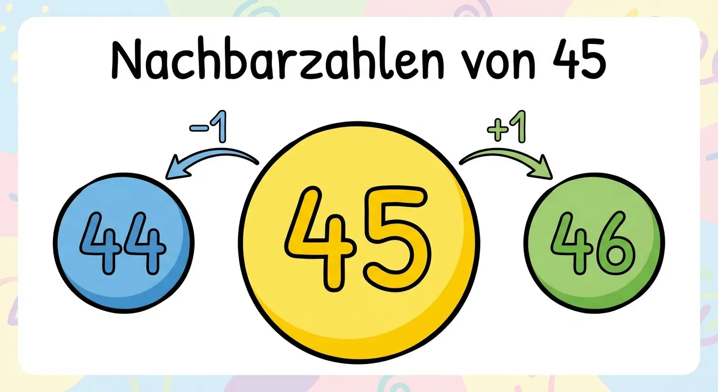 Zeige die Nachbarzahlen von 45.

**Aufbau:**
- Drei Zahlen nebeneinander in bunten Kreisen: 44, 45, 46
- Die 45 in der Mitte ist größer und in Gelb
- Die 44 links ist in Blau, die 46 rechts ist in Grün
- Pfeile: 