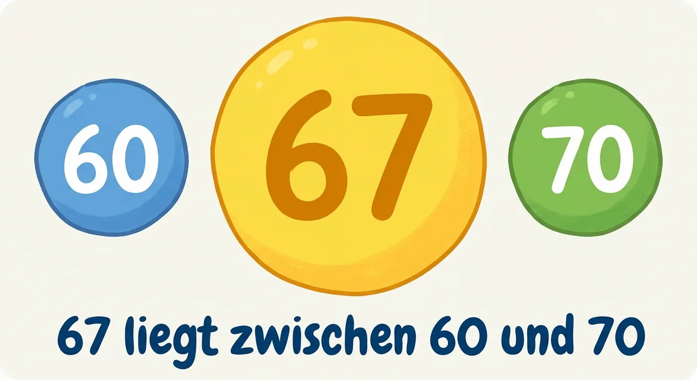 Zeige die Nachbarzehner von 67.

**Aufbau:**
- Drei Zahlen nebeneinander in einer Reihe:
- Links: 60 in blauem Kreis (der kleinere Nachbarzehner)
- Mitte: 67 in großem gelben Kreis
- Rechts: 70 in grünem Kreis (der größere Nachbarzehner)
- Text darunter: 