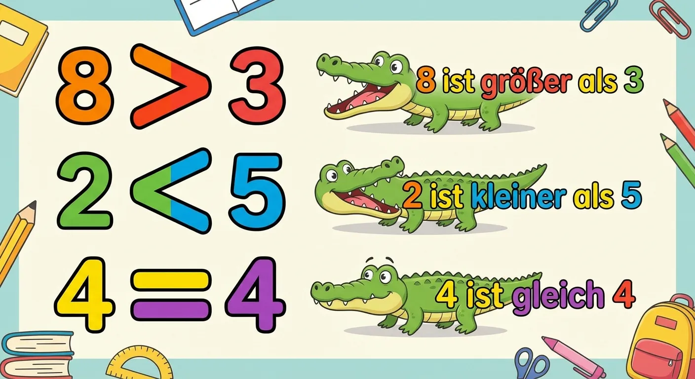 Zeige die drei Vergleichszeichen mit Beispielen.

**Aufbau:**
- Drei Zeilen untereinander:
- Zeile 1: 