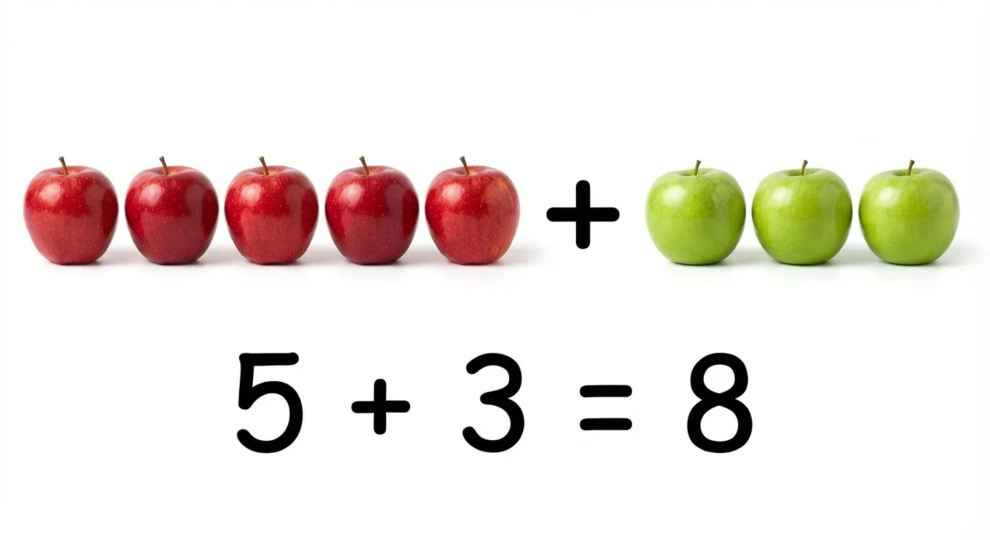 Zeige eine einfache Addition mit Äpfeln.

**Aufbau von links nach rechts:**
- Links: 5 rote Äpfel in einer Reihe
- Mitte: Ein großes Plus-Zeichen (+)
- Rechts: 3 grüne Äpfel in einer Reihe
- Darunter: 