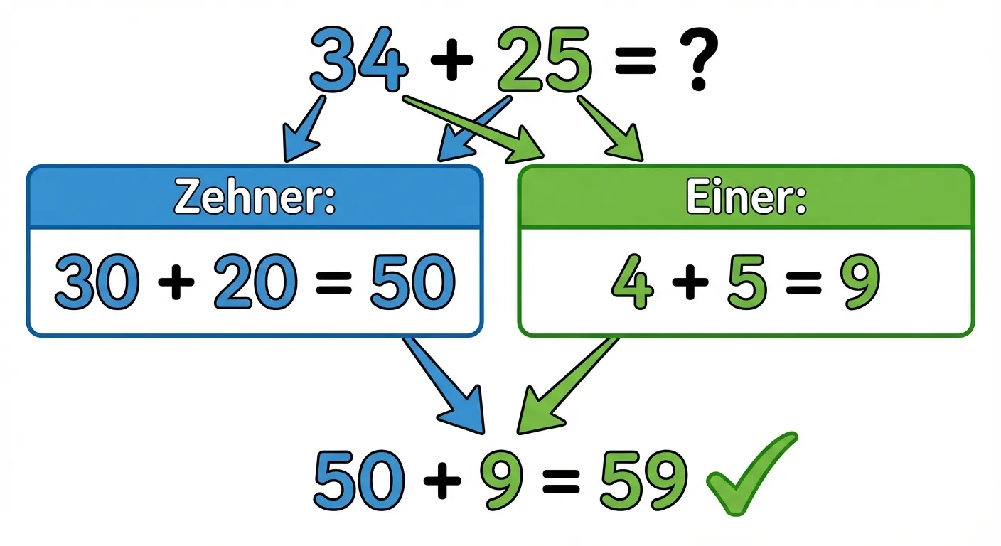 Zeige die Zerlegung von 34 + 25 in Rechenschritte.

**Aufbau:**
- Oben: 