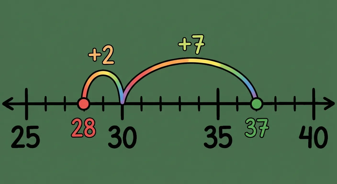 Zeige einen Zahlenstrahl von 25 bis 40.

**Aufbau:**
- Horizontale Linie mit Markierungen bei 25, 30, 35, 40
- Startpunkt bei 28 (roter Punkt, beschriftet 