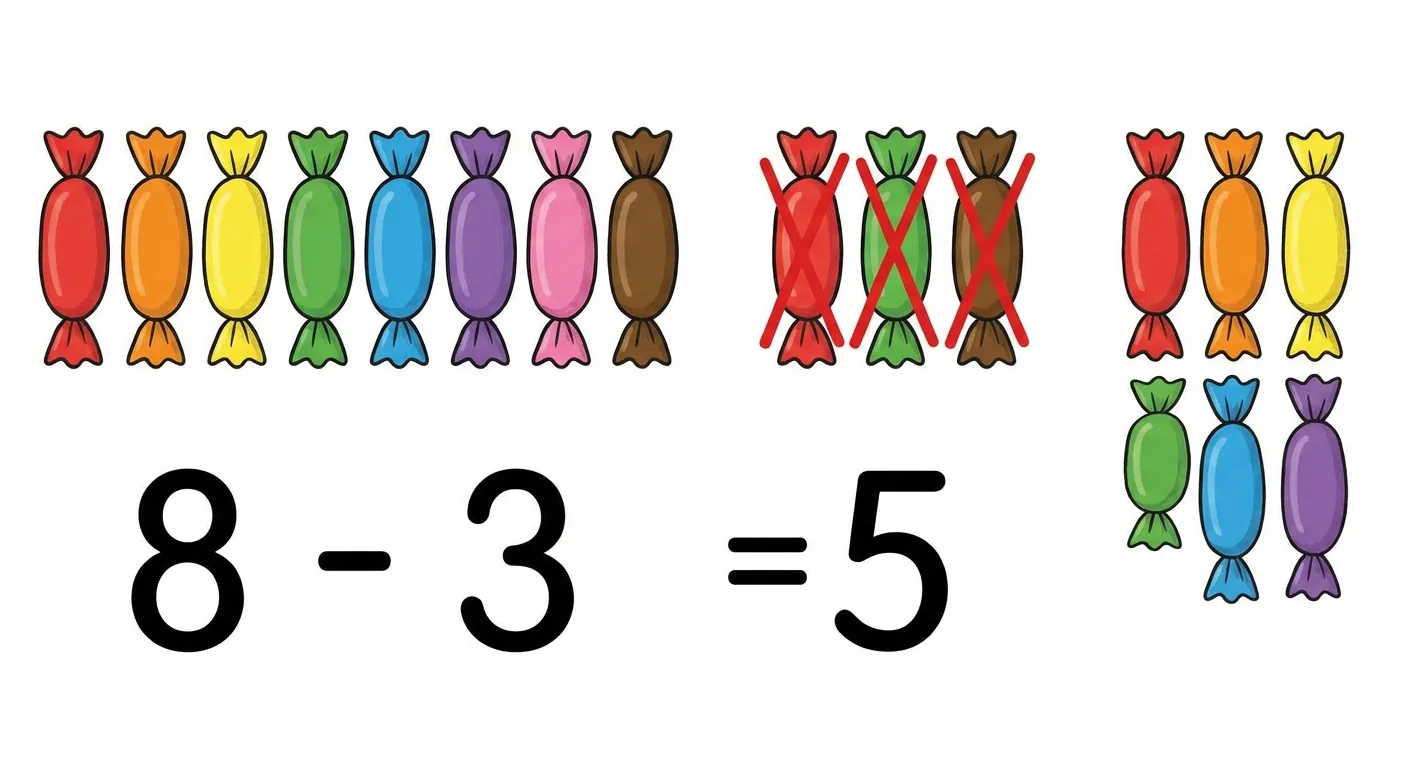 Zeige eine einfache Subtraktion mit Bonbons.

**Aufbau:**
- Links: 8 bunte Bonbons in einer Reihe
- Rechts davon: 3 Bonbons mit Kreuzen (durchgestrichen)
- Darunter: 