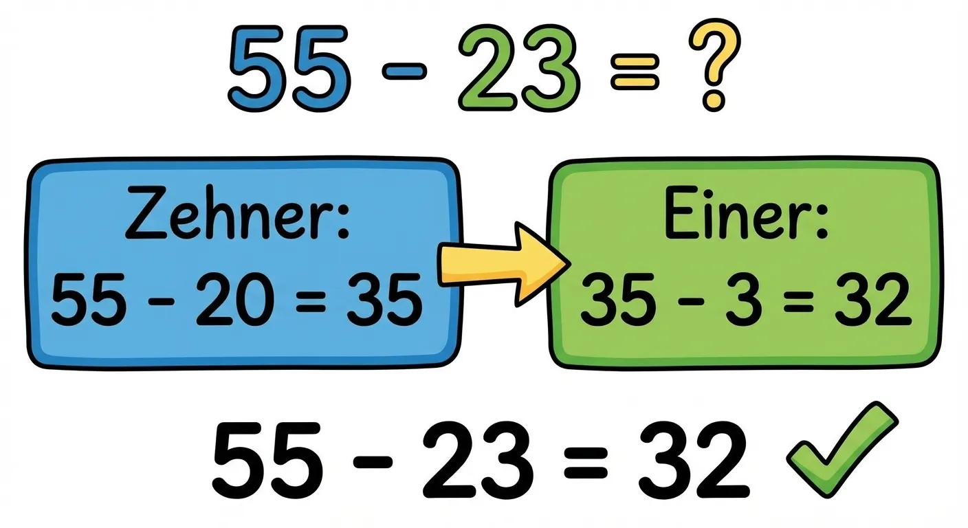 Zeige die Zerlegung von 55 - 23 in Rechenschritte.

**Aufbau:**
- Oben: 