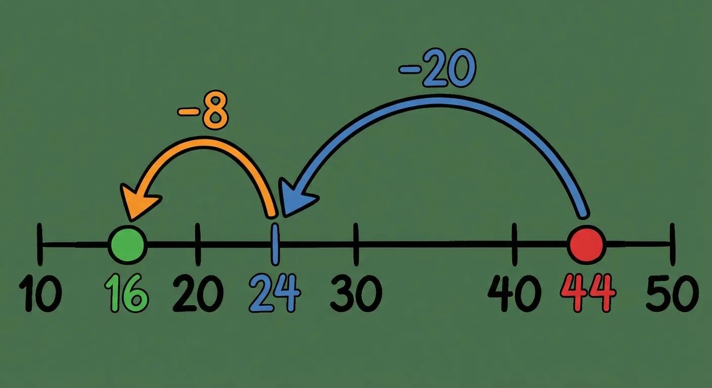 Zeige einen Zahlenstrahl von 10 bis 50.

**Aufbau:**
- Horizontale Linie mit Markierungen bei 10, 20, 24, 30, 40, 44, 50
- Startpunkt bei 44 (roter Punkt, beschriftet 