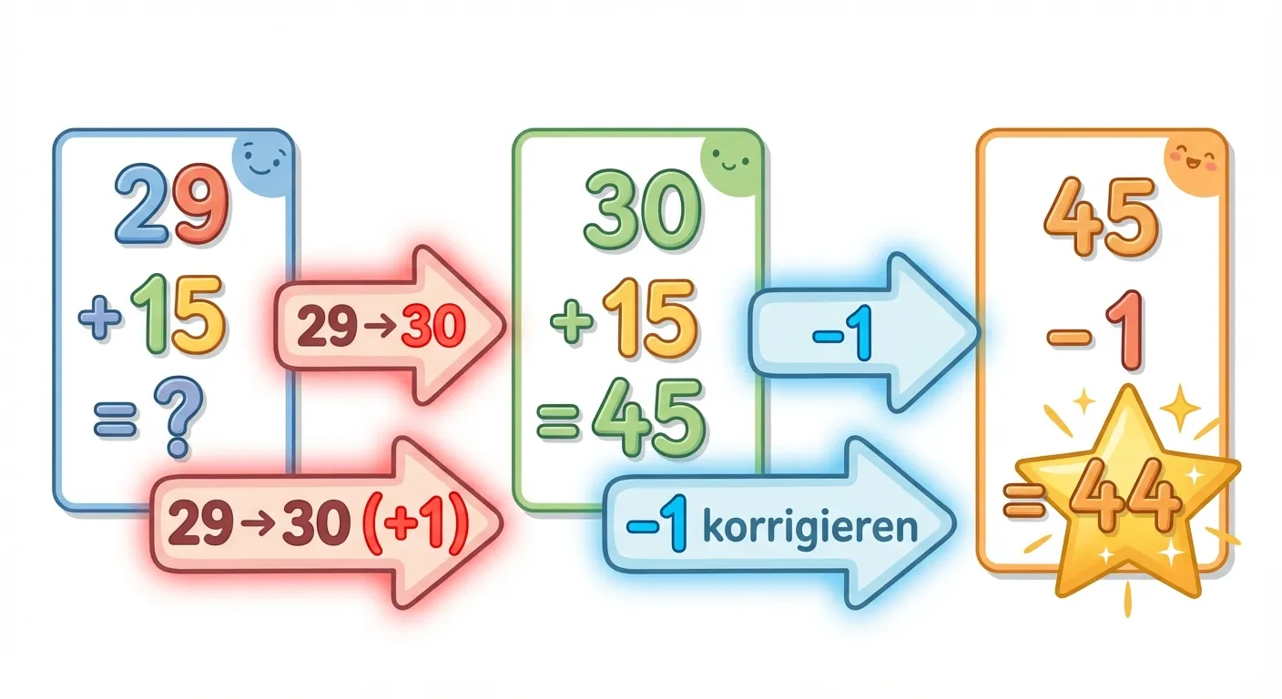 Zeige den Vereinfachungs-Trick.

**Aufbau:**
- Links: 