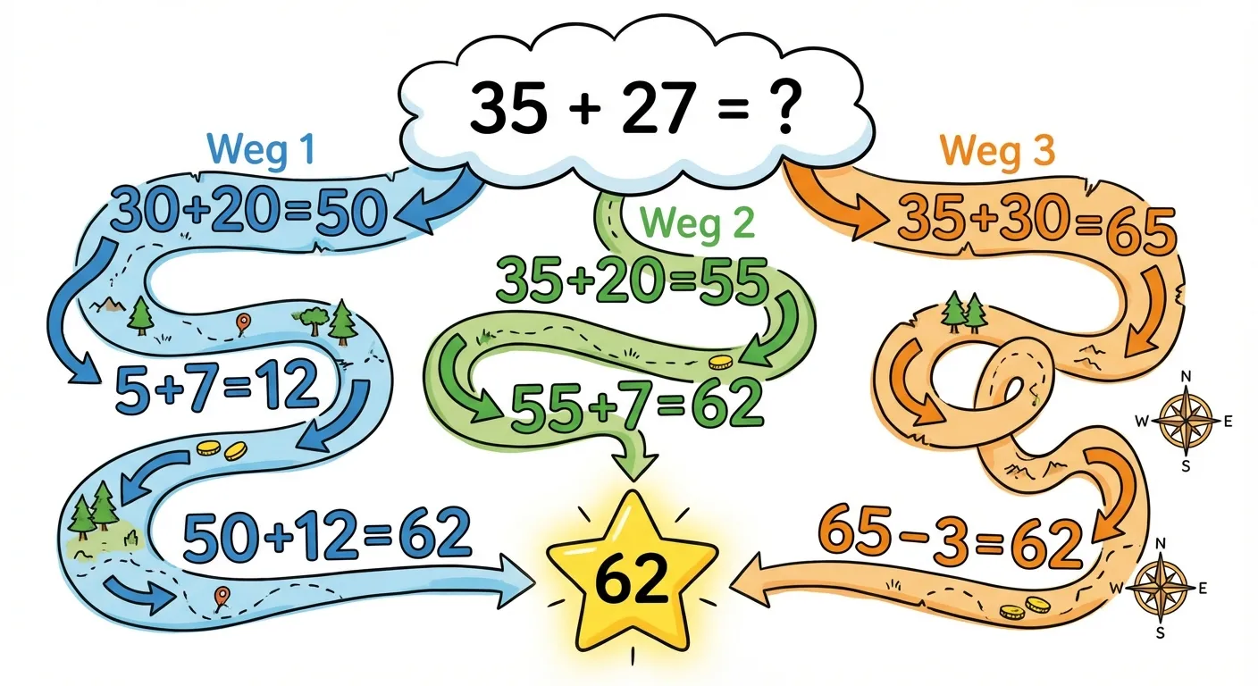 Zeige verschiedene Rechenwege für eine Aufgabe.

**Aufbau:**
- Oben: 