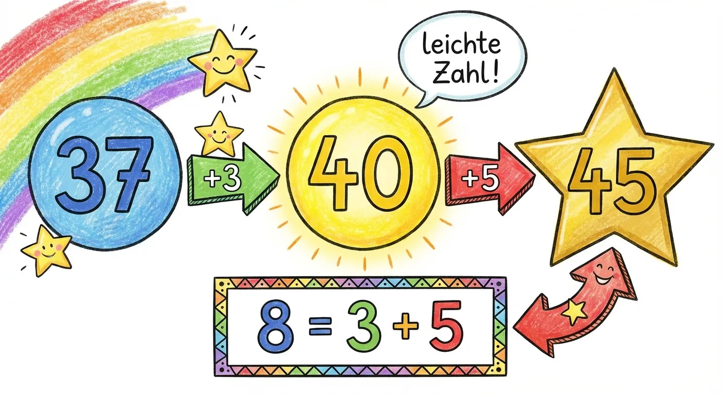Zeige das Zerlegen bei 37 + 8.

**Aufbau:**
- Startpunkt: 