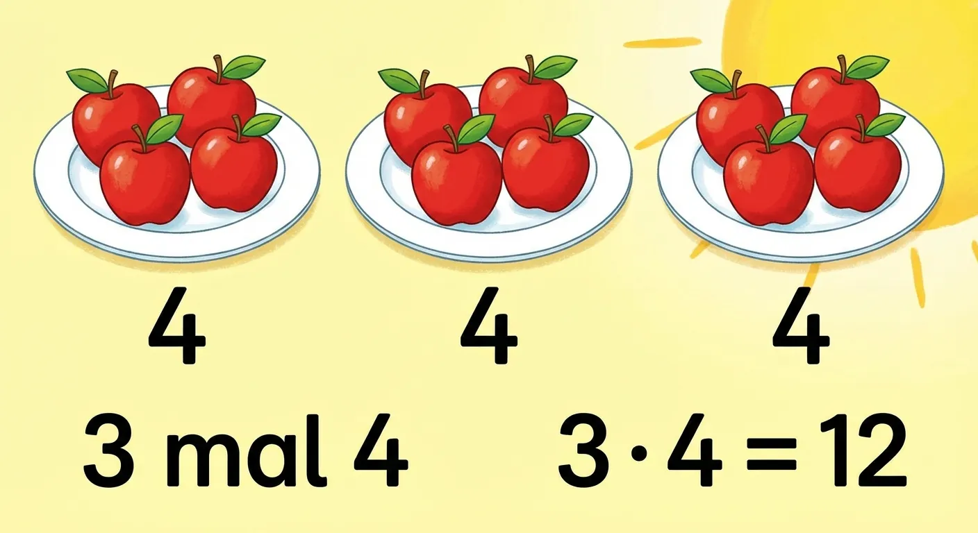 Zeige 3 Gruppen von Äpfeln zum Zählen.

**Aufbau:**
- 3 Teller nebeneinander
- Auf jedem Teller liegen genau 4 rote Äpfel
- Unter jedem Teller steht die Zahl: 4
- Darunter: 