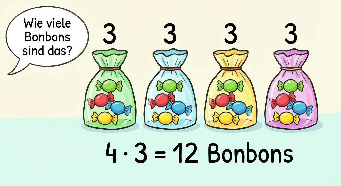 Zeige 4 Bonbontüten mit je 3 Bonbons.

**Aufbau:**
- 4 bunte Bonbontüten nebeneinander
- In jeder Tüte sind 3 bunte Bonbons sichtbar
- Über jeder Tüte die Zahl: 3
- Darunter: 