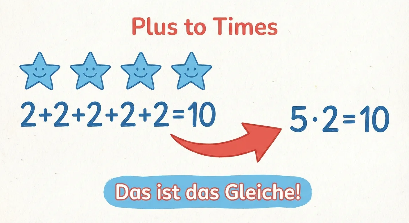 Zeige wie Plus zu Mal wird.

**Aufbau:**
- Oben: 5 gleiche blaue Sterne in einer Reihe
- Darunter links: 