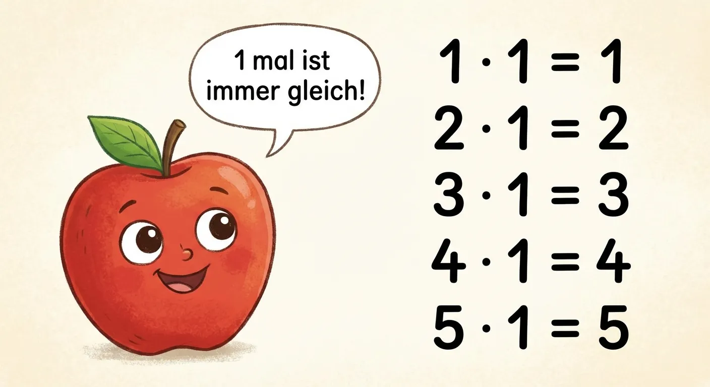 Zeige die 1er-Reihe mit einem einzelnen Apfel.

**Aufbau:**
- Links: Ein großer roter Apfel
- Rechts: Liste der 1er-Reihe:
  1 · 1 = 1
  2 · 1 = 2
  3 · 1 = 3
  4 · 1 = 4
  5 · 1 = 5
- Sprechblase beim Apfel: 