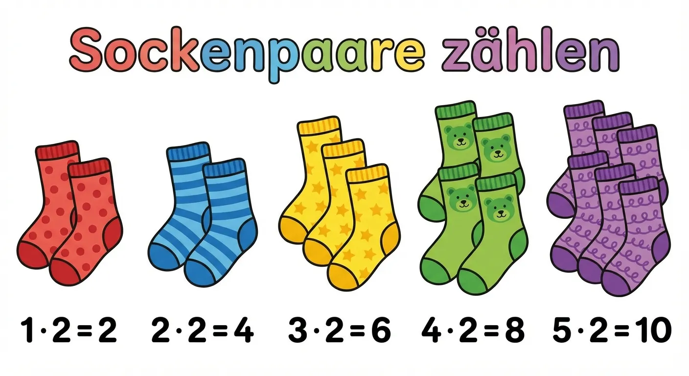 Zeige Sockenpaare für die 2er-Reihe.

**Aufbau:**
- 5 bunte Sockenpaare nebeneinander (1 Paar, 2 Paare, 3 Paare...)
- Unter jedem Bild:
  
