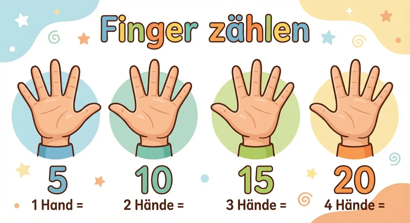 Zeige Hände für die 5er-Reihe.

**Aufbau:**
- 4 Hände nebeneinander mit ausgestreckten Fingern
- Unter jeder Hand die Summe:
  1 Hand = 5
  2 Hände = 10
  3 Hände = 15
  4 Hände = 20
- Überschrift: 