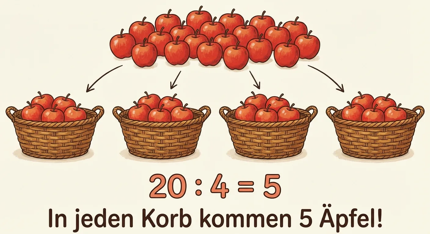 Zeige wie 20 Äpfel auf 4 Körbe verteilt werden.

**Aufbau:**
- Oben: 20 rote Äpfel
- Darunter: 4 Körbe nebeneinander
- In jedem Korb liegen 5 Äpfel
- Darunter: 