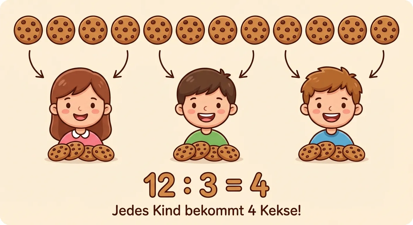 Zeige 12 Kekse die auf 3 Kinder verteilt werden.

**Aufbau:**
- Oben: 12 Kekse in einer Reihe
- Darunter: 3 lächelnde Kinder nebeneinander
- Pfeile von den Keksen zu den Kindern
- Jedes Kind bekommt 4 Kekse
- Darunter: 