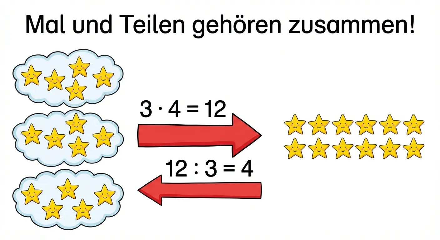 Zeige wie Mal und Teilen zusammenhängen.

**Aufbau:**
- Links: 3 Gruppen mit je 4 Sternen
- Pfeil nach rechts mit 