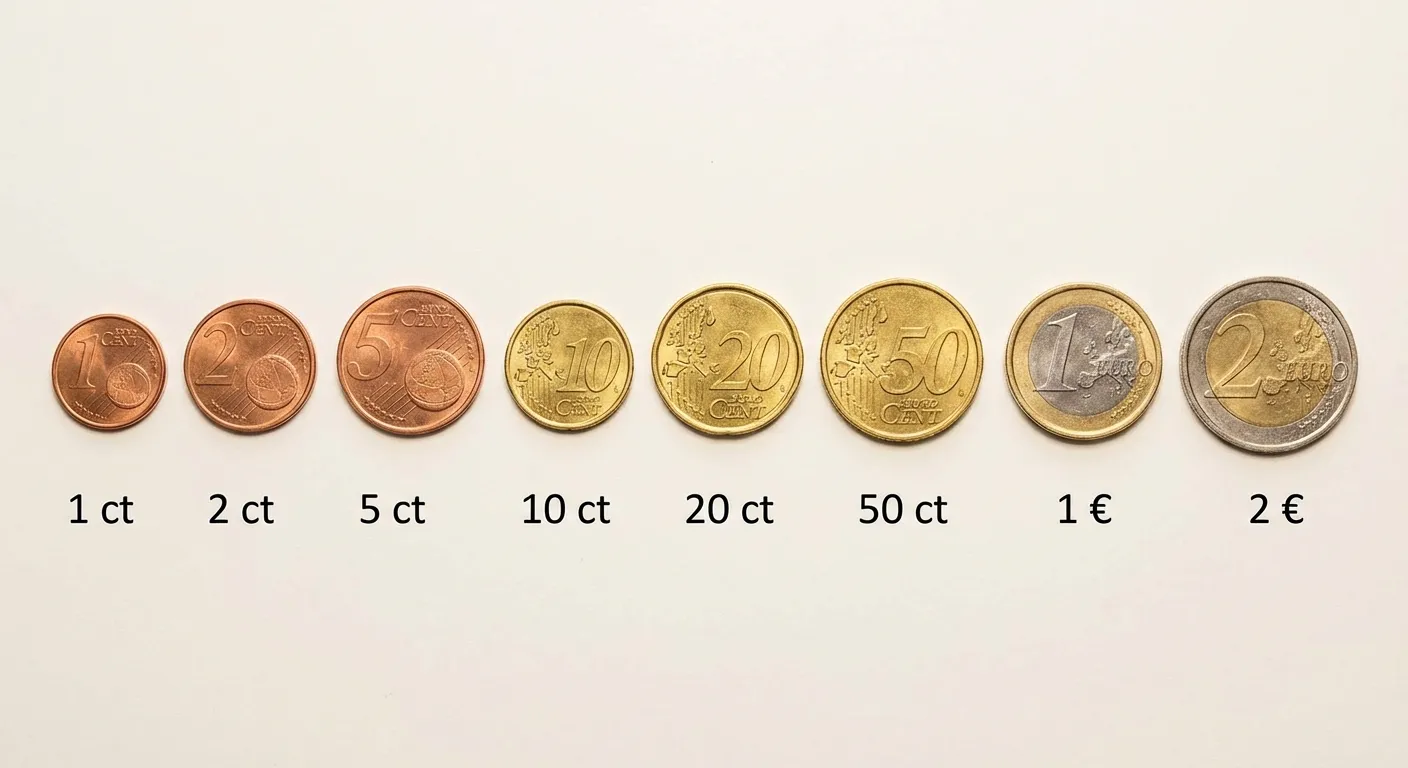 Zeige alle 8 Euro-Münzen in einer übersichtlichen Reihe.

**Aufbau von links nach rechts:**
- 1 Cent (kleine kupferfarbene Münze)
- 2 Cent (kupferfarben)
- 5 Cent (kupferfarben)
- 10 Cent (goldfarbene Münze)
- 20 Cent (goldfarben)
- 50 Cent (goldfarben)
- 1 Euro (silber-goldene Münze mit goldenem Ring)
- 2 Euro (silber-goldene Münze mit silbernem Ring)

**Details:**
- Unter jeder Münze steht der Wert: 