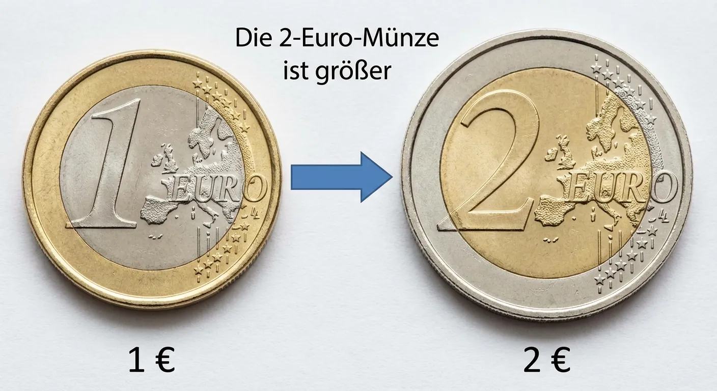 Zeige die 1-Euro und 2-Euro Münze nebeneinander im Größenvergleich.

**Aufbau:**
- Links: 1-Euro-Münze (silberne Mitte, goldener Rand)
- Rechts: 2-Euro-Münze (goldene Mitte, silberner Rand)
- Unter den Münzen: 