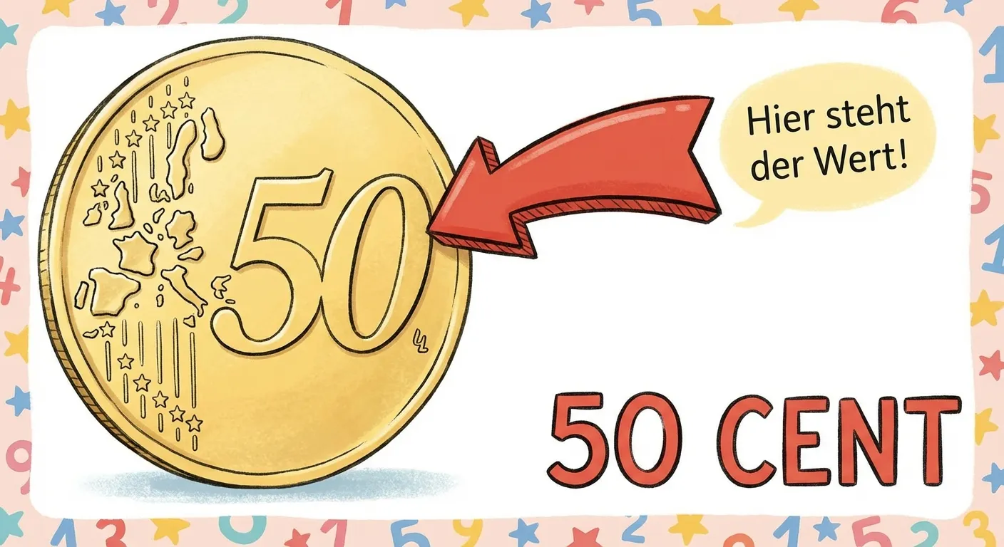 Zeige eine große 50-Cent-Münze mit Pfeilen, die auf die Zahl zeigen.

**Aufbau:**
- Große 50-Cent-Münze in der Mitte (Vorderseite mit Wertzahl)
- Roter Pfeil zeigt auf die Zahl 