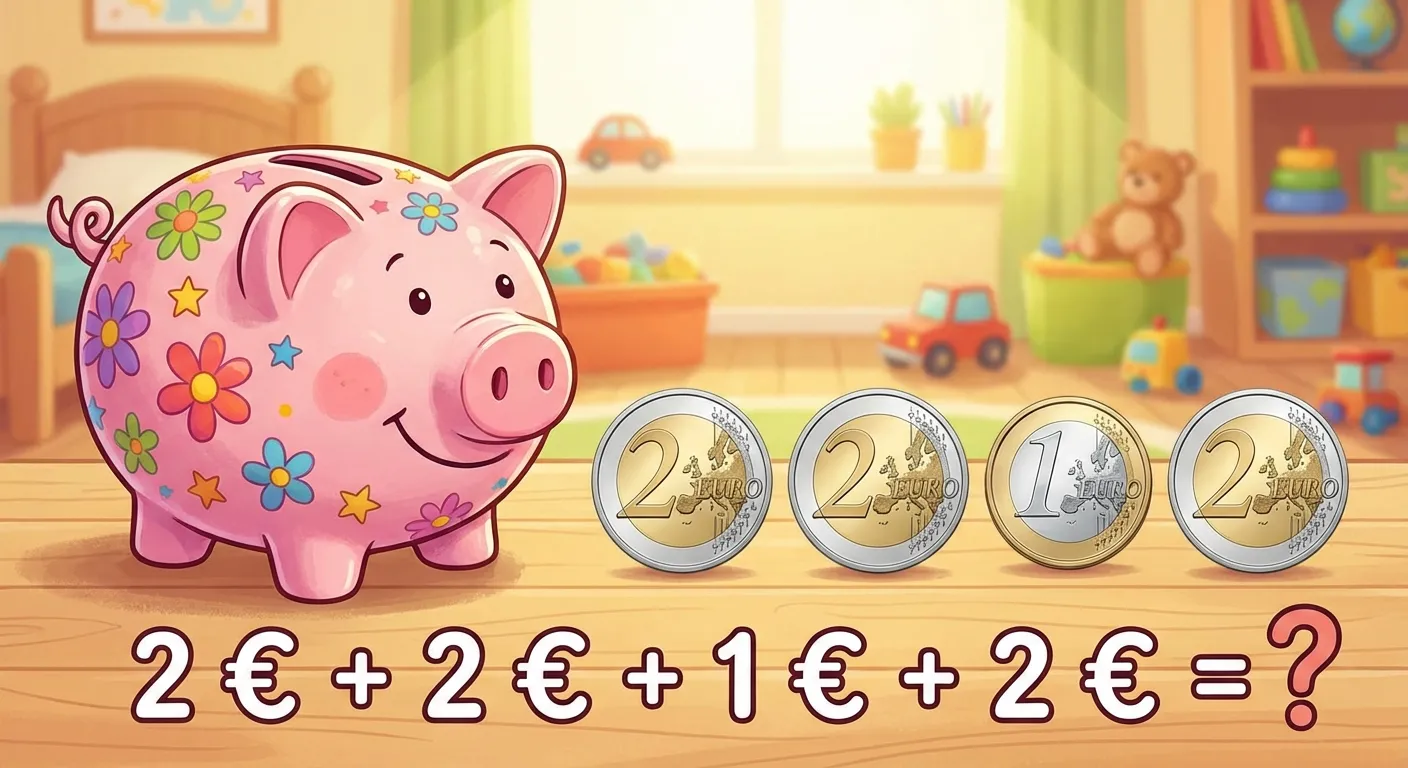 Zeige ein Sparschwein und daneben ausgelegte Münzen zum Zählen.

**Aufbau:**
- Links: Ein rosa Sparschwein
- Rechts: Ausgelegte Münzen in einer Reihe: 2€, 2€, 1€, 2€
- Darunter: 