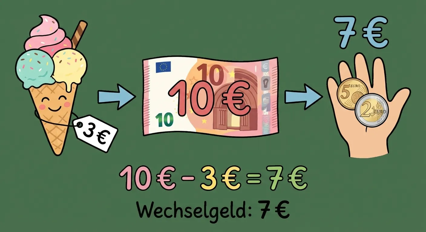 Zeige eine Einkaufsszene mit Wechselgeld.

**Aufbau:**
- Links: Ein Eis mit Preisschild 