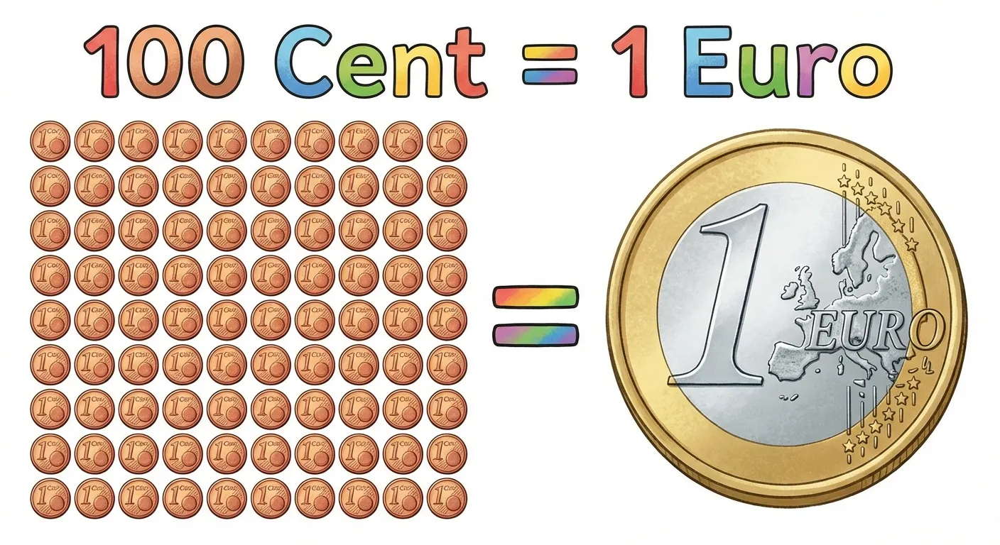 Zeige die wichtige Umrechnung 100 Cent = 1 Euro.

**Aufbau:**
- Links: 10 Reihen mit je 10 kleinen 1-Cent-Münzen (insgesamt 100 Stück)
- In der Mitte: Ein großes Gleichheitszeichen (=)
- Rechts: Eine große 1-Euro-Münze
- Darüber der Text: 