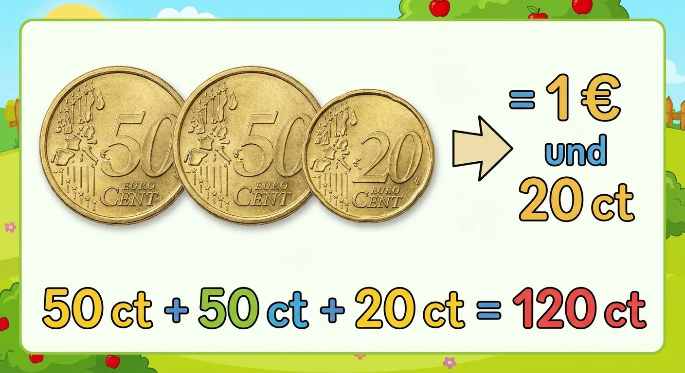 Zeige eine Rechnung mit Cent, die über 1 Euro hinausgeht.

**Aufbau:**
- Links: 50-Cent-Münze + 50-Cent-Münze + 20-Cent-Münze
- Darunter: 