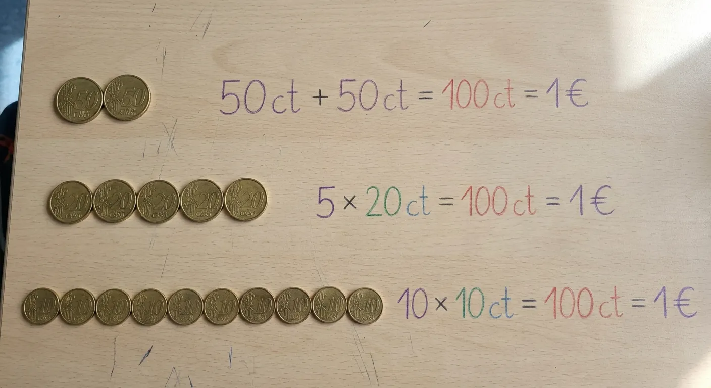Zeige drei verschiedene Möglichkeiten, 1 Euro aus Cent-Münzen zu legen.

**Aufbau von oben nach unten:**

Reihe 1:
- 2 Stück 50-Cent-Münzen
- Daneben: 